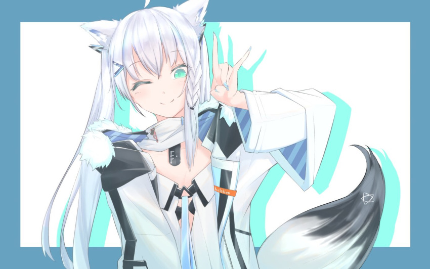 ahoge animal_ears blue_border blue_eyes blue_nails border braid coat female fingernails fox_ears fox_girl fox_shadow_puppet fox_tail fur-trimmed_jacket fur_trim green_eyes grey_hair hand_up hololive jacket long_hair looking_at_viewer one_eye_closed protected_link shadow shirakami_fubuki shirakami_fubuki_(fubukitek) simple_background single_braid smile solo tail upper_body very_long_hair virtual_youtuber wataron white_background white_coat