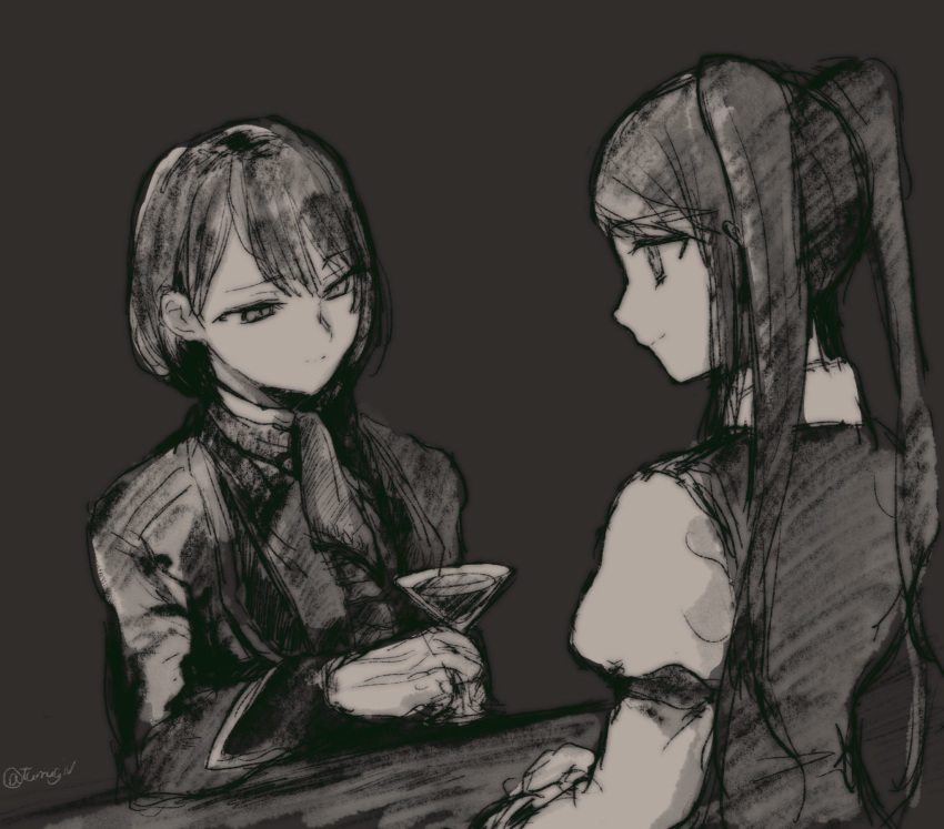 2girls alter_ego_(game) bartender braid cocktail_glass cup drinking_glass es_(alter_ego) greyscale highres jill_stingray monochrome mugitarou multiple_girls single_braid sitting twintails va-11_hall-a