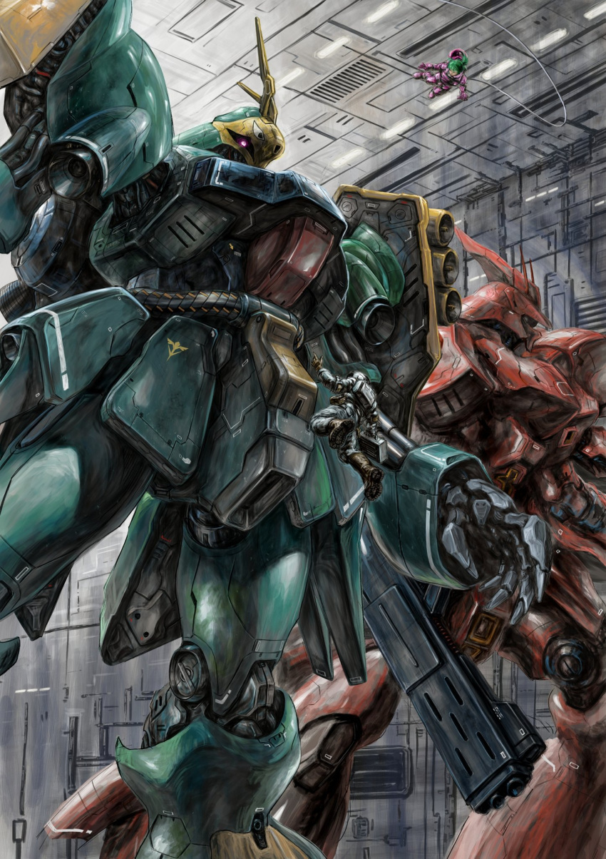 1boy astronaut blue_hair char's_counterattack damaged dirty female floating floating_hair gun gundam gyunei_guss hangar helmet highres holding holding_gun holding_weapon jagd_doga_gyunei_custom mecha mobile_suit neo_zeon one-eyed open_hand pink_eyes quess_paraya realistic robot sazabi spacecraft_interior spacesuit takani_yoshiyuki_(style) twintails umbilical_cord weapon when_you_see_it zandan_zero_to_na!? zero_gravity