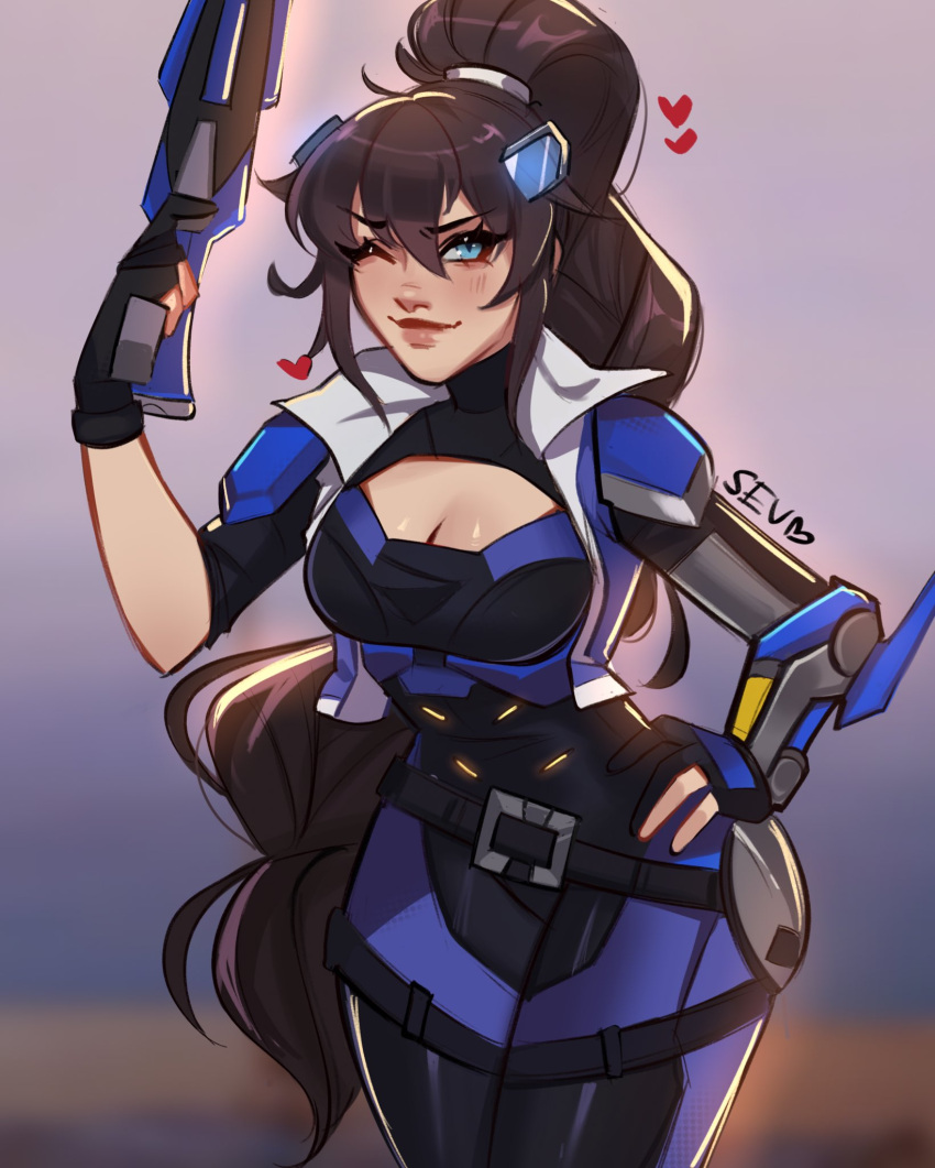 animification artist_name black_gloves blue_bodysuit blue_eyes blush bodysuit breasts brown_hair captain_lacroix cleavage cleavage_cutout clothing_cutout commentary english_commentary female gloves gun heart highres holding holding_gun holding_weapon long_hair looking_at_viewer medium_breasts official_alternate_costume one_eye_closed overwatch overwatch_2 partially_fingerless_gloves ponytail sevpha smile solo very_long_hair weapon widowmaker_(overwatch)