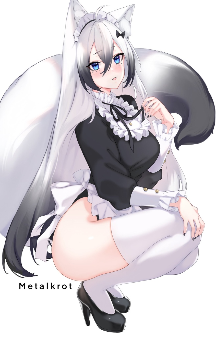 animal_ear_fluff animal_ears apron artist_name black_footwear black_hair black_panties black_ribbon black_shirt blue_eyes blush colored_tips commission english_commentary female fox_ears fox_girl fox_tail gradient_hair hair_between_eyes hand_on_own_knee high_heels highres long_hair looking_at_viewer maid_apron metalkrot multicolored_hair original panties ribbon shirt simple_background solo squatting tail thighhighs underwear very_long_hair white_apron white_background white_hair white_thighhighs