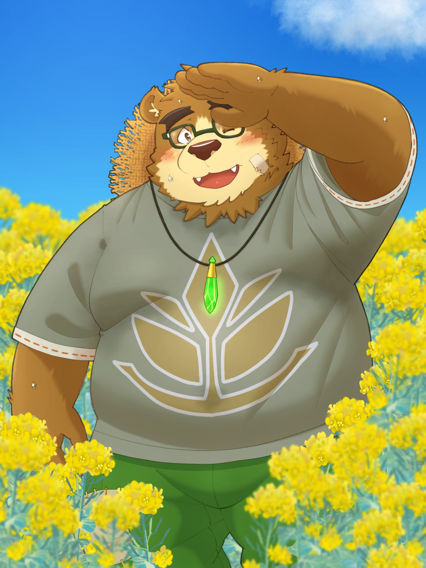 1boy absurdres animal_ears bandaid bandaid_on_face bara bear_boy bear_ears belly black-framed_eyewear blue_sky blurry blush brown_fur cowboy_shot depth_of_field fangs fat fat_man flower furry furry_male hand_over_eye hat highres jewelry looking_at_viewer male_focus open_mouth pendant shirt short_sleeves sky solo straw_hat sweat thick_eyebrows tokyo_afterschool_summoners two-tone_fur volos_(housamo) yaki_atsuage yellow_flower