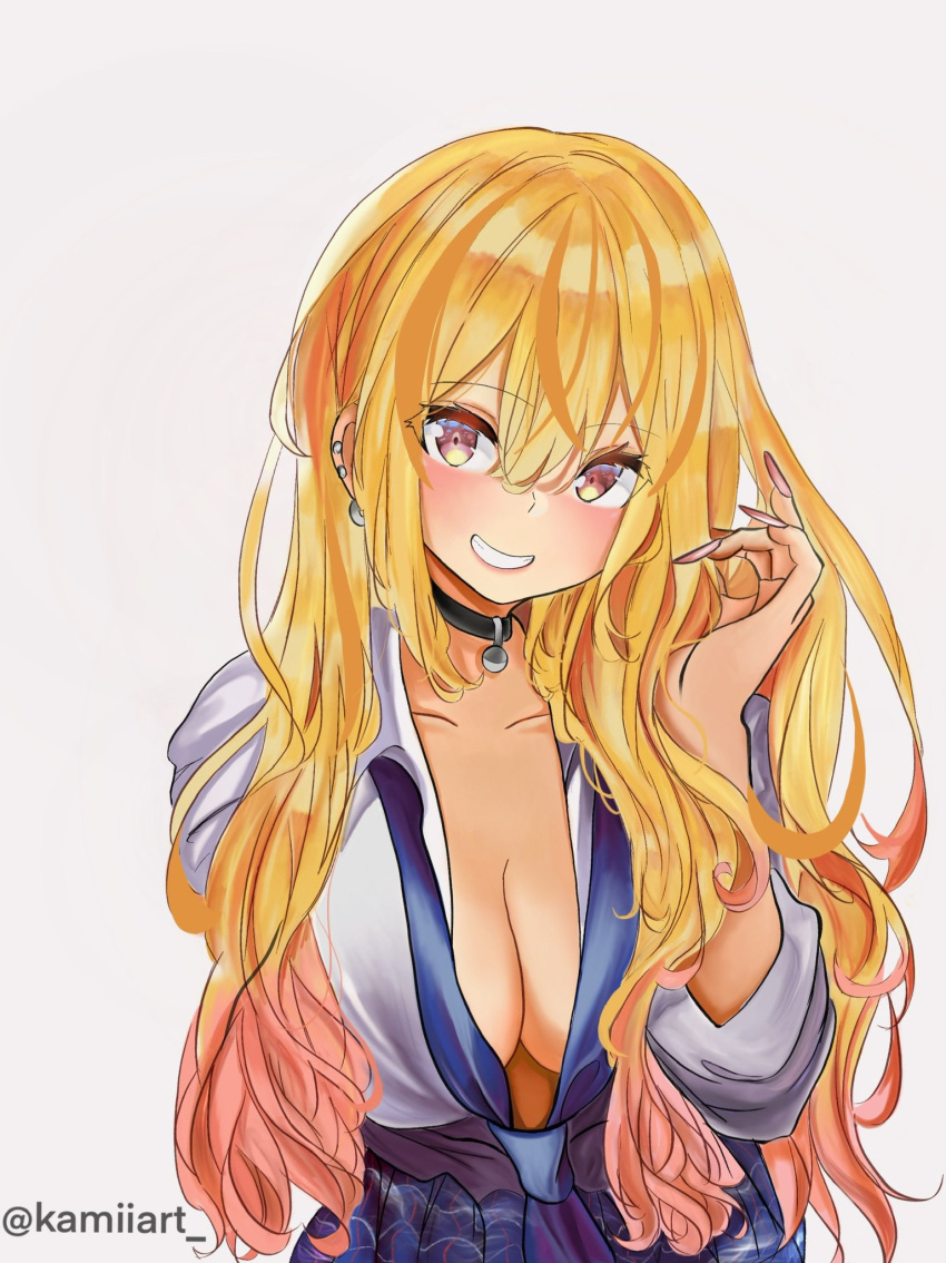 artist_name bell blonde_hair blush breasts choker collarbone ear_piercing earrings female fingernails highres instagram_username jewelry kamiiart kitagawa_marin large_breasts long_hair looking_at_viewer neck_bell necktie piercing red_eyes red_nails school_uniform skirt smile sono_bisque_doll_wa_koi_wo_suru teeth very_long_hair