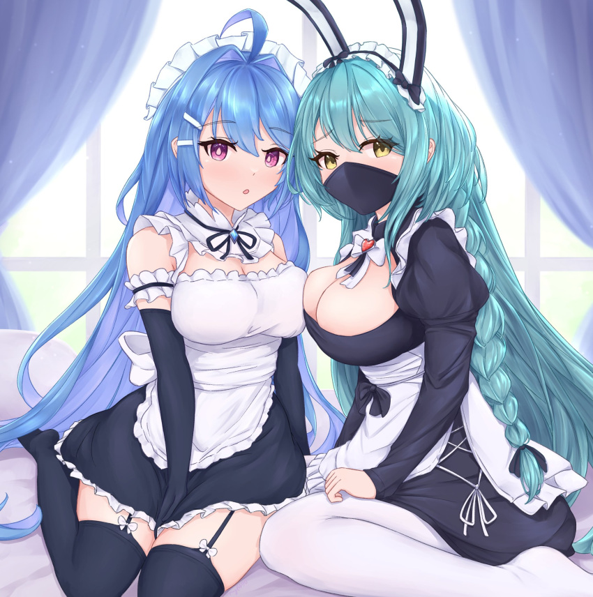 2girls ahoge alternate_costume animal_ears apron aqua_hair azur_lane black_garter_straps black_gloves black_mask black_thighhighs blue_hair boise_(azur_lane) boise_(flawed_but_delectable)_(azur_lane) breasts cleavage elbow_gloves enmaided fake_animal_ears garter_straps gloves hair_intakes helena_(azur_lane) highres indoors kyl490 large_breasts long_braid long_hair long_sleeves looking_at_viewer maid maid_headdress mask medium_breasts mouth_mask multiple_girls official_alternate_costume pantyhose parted_lips purple_eyes rabbit_ears sitting thighhighs waist_apron white_apron white_pantyhose window yellow_eyes