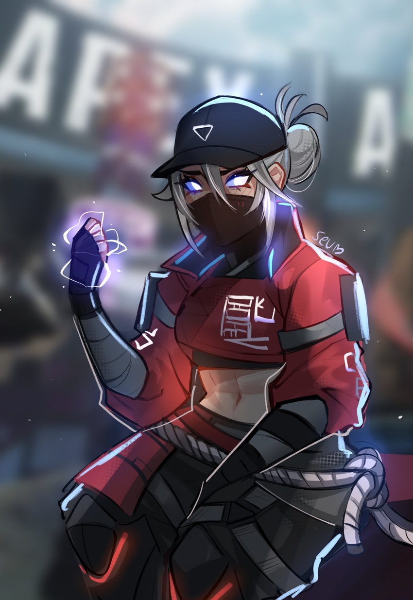 apex_legends black_gloves black_pants black_shirt blue_sclera blurry blurry_background colored_sclera crop_top cropped_jacket cropped_shirt english_commentary female fingerless_gloves gloves grey_hair hair_behind_ear hair_bun highres jacket looking_to_the_side midriff navel no_pupils pants red_jacket sevpha shirt single_hair_bun street_smart_wraith white_eyes wraith_(apex_legends)