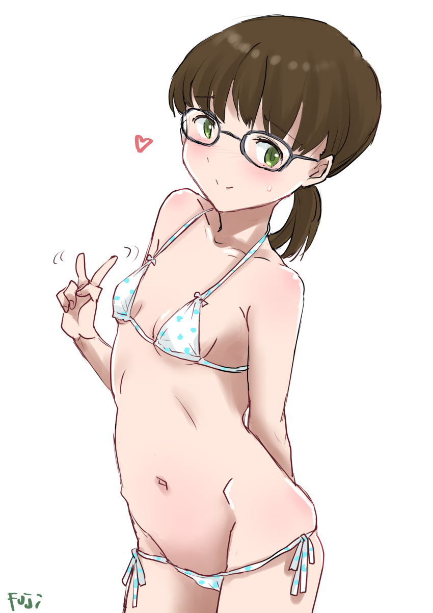 arm_behind_back bikini breasts brown_hair c2_kikan cowboy_shot female fuji_(pixiv24804665) glasses green_eyes groin highres low_ponytail medium_hair polka_dot polka_dot_bikini shii-chan side-tie_bikini_bottom simple_background small_breasts solo swimsuit v white_background white_bikini