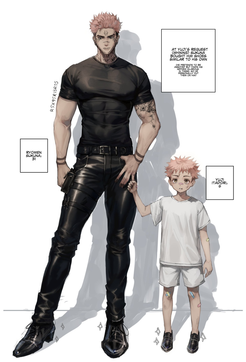 2boys abs age_difference arm_tattoo artist_name black_footwear black_pants black_shirt character_age facial_tattoo full_body hair_slicked_back highres holding_another's_finger itadori_yuuji jujutsu_kaisen lolicon male_focus multiple_boys neck_tattoo pants parted_lips pink_hair r5x95r13ros ryoumen_sukuna_(jujutsu_kaisen) shadow shirt shoes short_sleeves shorts signature sparkle standing tattoo teeth tight_clothes tight_pants tight_shirt uncle_and_nephew undercut white_background white_shirt white_shorts yellow_eyes