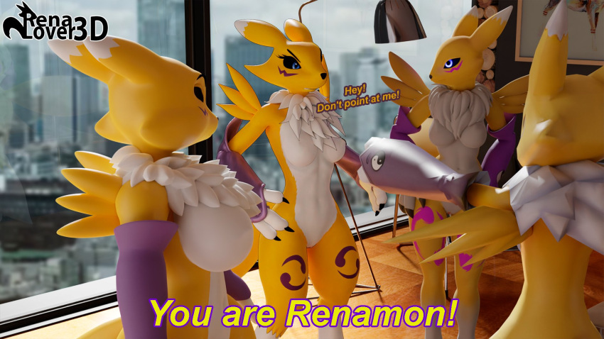 3_fingers 3d_(artwork) angry annoyed anthro arm_tuft armwear artist_name bandai_namco big_breasts biped black_claws black_nose black_sclera blue_eyes breasts bridal_gauntlets canid chest_tuft city city_background claws clothing colored countershade_torso countershading curvy_figure dialogue digimon digimon_(species) digital_media_(artwork) eyebrows eyelashes facial_markings featureless_breasts female fingers floor fur fur_markings genitals gesture group hand_gesture hands_on_hips head_markings hi_res inside lamp leg_markings long_ears looking_at_another mammal markings meme navel pointing pointing_at_another purple_body purple_clothing purple_fur pussy renalover3d renamon renamon_(bacn) renamon_(furromantic) renamon_(tenzide) shaded shadow shitpost shoulder_tuft slim surprise surprised_expression talking_to_another teeth text thigh_markings tomoe_(symbol) tuft white_body white_countershading white_fur wide_hips window wood wood_floor yellow_body yellow_fur yin_yang