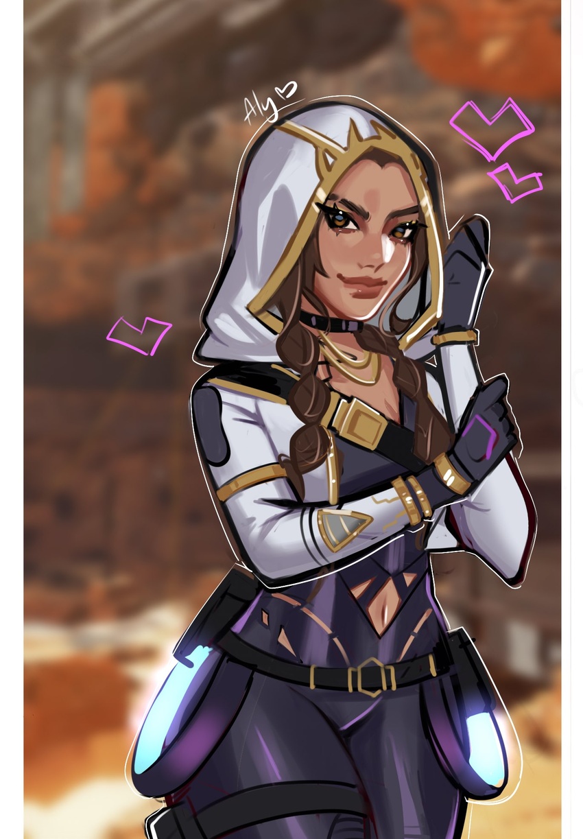 animification apex_legends black_bodysuit black_choker blurry blurry_background bodysuit braid breasts choker cleavage clothing_cutout dark-skinned_female dark_skin female heart highres hood hood_up hooded_jacket jacket loba_(apex_legends) looking_at_viewer navel sevpha skeleton_key_loba smile solo stomach_cutout twin_braids v-shaped_eyebrows white_jacket