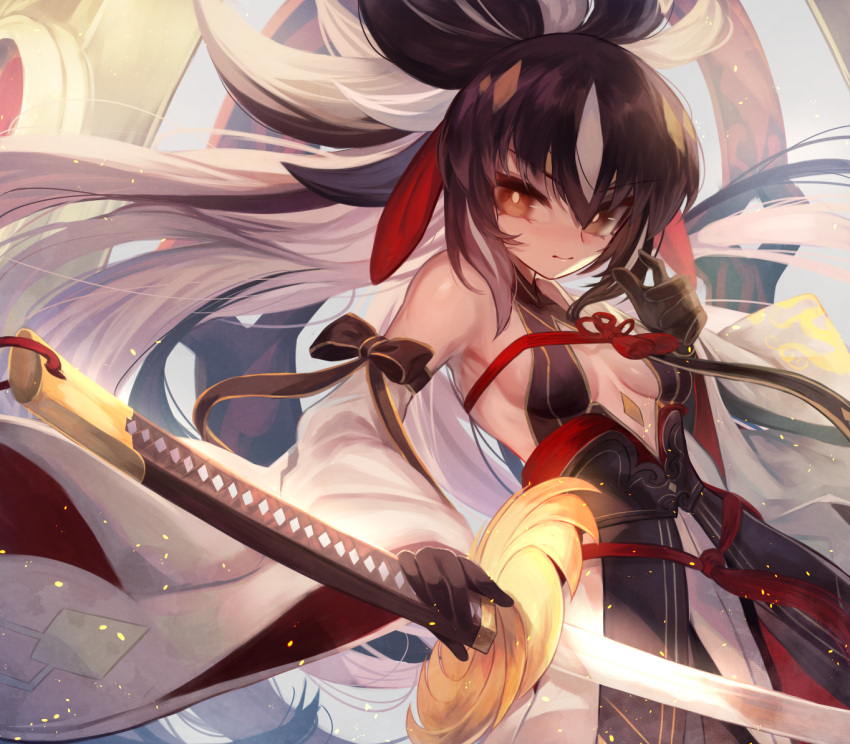 armor bare_shoulders black_gloves black_hair breasts center_opening detached_sleeves facial_mark fate/grand_order fate_(series) female gloves gold_trim hair_between_eyes high_ponytail holding holding_sword holding_weapon japanese_armor katana layered_skirt long_hair looking_at_viewer m0_chi medium_breasts multicolored_hair nagao_kagetora_(fate) sidelocks skirt smile sword two-tone_hair uesugi_kenshin_(fate) uesugi_kenshin_(third_ascension)_(fate) very_long_hair weapon white_hair wide_sleeves yellow_eyes