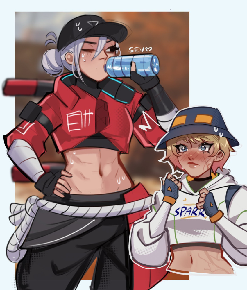 2girls animification apex_legends bandaged_arm bandages baseball_cap black_eyes black_gloves black_hat black_pants black_shirt blue_eyes blue_gloves blue_hat blush bucket_hat crop_top cropped_jacket cropped_shirt english_commentary fingerless_gloves gloves hair_behind_ear hair_bun hat heart highres hood hood_down hoodie jacket looking_to_the_side midriff multiple_girls navel official_alternate_costume one_eye_closed pants red_jacket scar scar_on_cheek scar_on_face sevpha shirt single_hair_bun static_trainers_wattson street_smart_wraith surprised wattson_(apex_legends) white_hoodie wraith_(apex_legends)