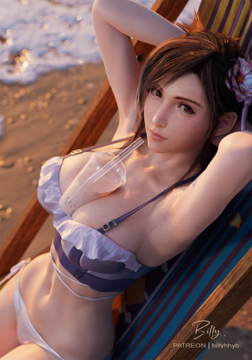 3d armpits arms_up artist_name beach beach_chair between_breasts bikini billyhhyb black_hair breasts bubble_tea_challenge closed_mouth collarbone commentary cup disposable_cup drinking_straw english_commentary female final_fantasy final_fantasy_vii final_fantasy_vii_rebirth final_fantasy_vii_remake flower hair_flower hair_ornament highres large_breasts lips looking_at_viewer navel official_alternate_costume patreon_username red_eyes sand solo stomach strap_gap swimsuit tifa_lockhart tifa_lockhart_(shining_spirit) water