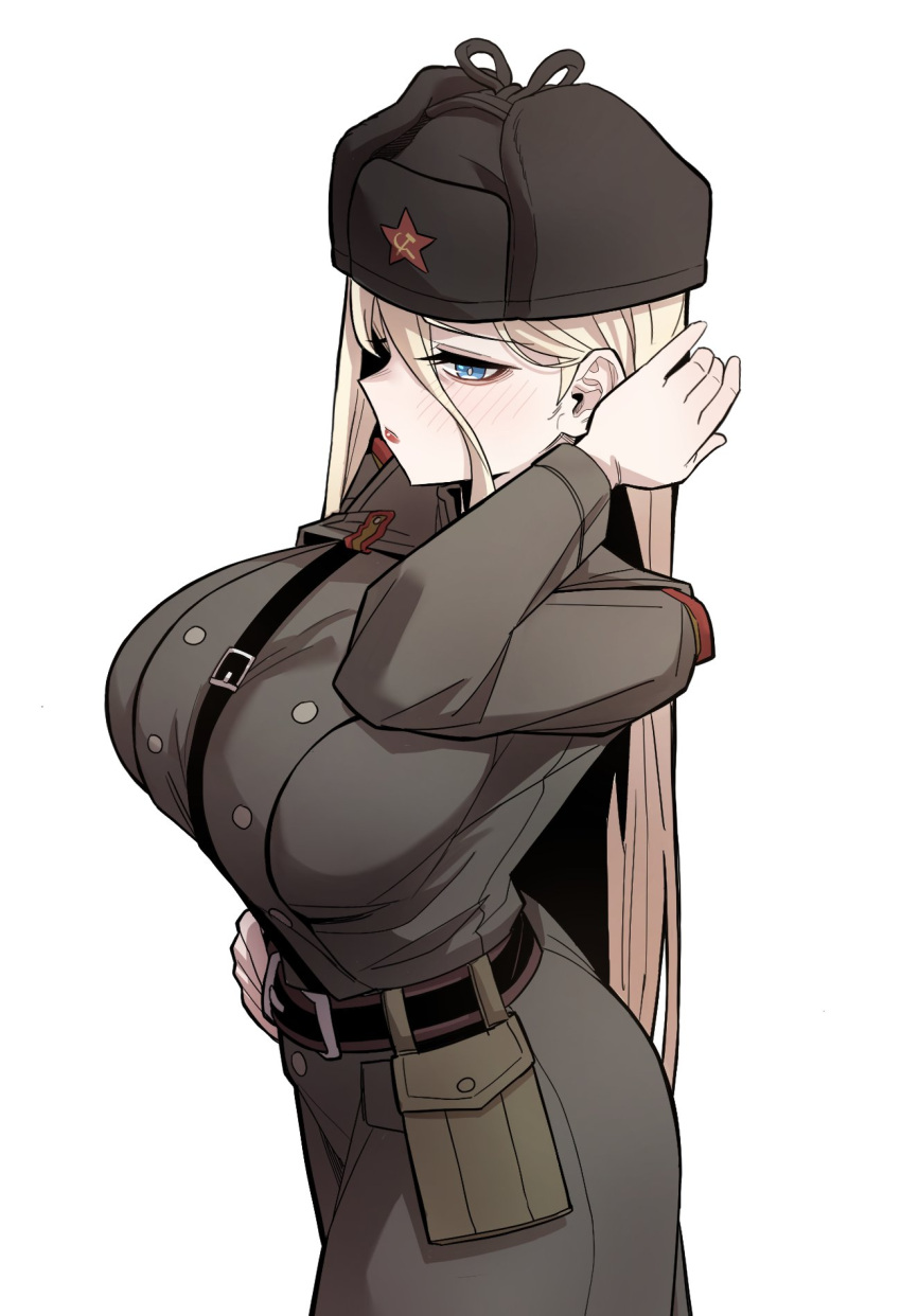 belt belt_pouch black_belt blonde_hair blue_eyes blush breasts brown_jacket brown_pants buttons closed_mouth double-breasted female fur_hat hammer_and_sickle hand_in_own_hair hand_on_own_hip hat highres jacket large_breasts long_hair long_sleeves military_uniform original pants pouch red_lips solo soviet sung08ko uniform ushanka white_background