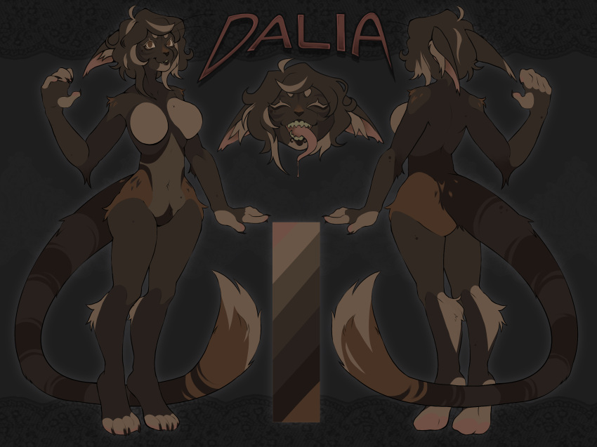 anthro cat_tail dalia_(kyjaanka) design_sheet domestic_cat felid feline felis female fluffy hi_res hybrid kyjaanka long_tongue mammal model_sheet natural solo tail tongue