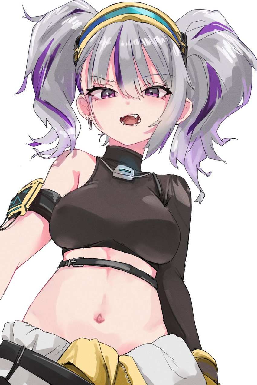 black_shirt breasts clothes_around_waist commentary_request crop_top drilley_(nikke) earrings female gloves goddess_of_victory:_nikke grey_hair highres jacket jacket_around_waist jewelry looking_at_viewer medium_breasts midriff multicolored_hair navel ninchan oerba_yun_fang open_mouth purple_eyes purple_hair shirt short_twintails simple_background single_sleeve solo streaked_hair twintails two-tone_hair white_background yellow_gloves