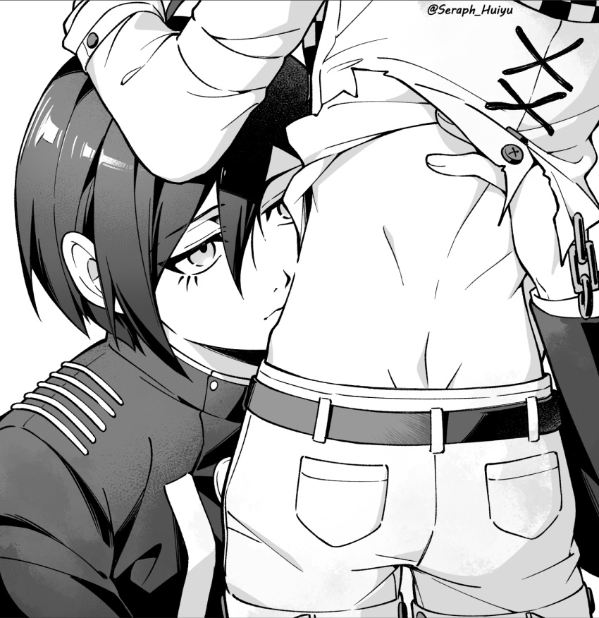 2boys artist_name ass belt buttons clothes_lift danganronpa_(series) danganronpa_v3:_killing_harmony ewa_(seraphhuiyu) eyelashes greyscale highres jacket jacket_lift kissing_stomach long_sleeves looking_at_another male_focus monochrome multiple_boys oma_kokichi pants saihara_shuichi short_hair yaoi