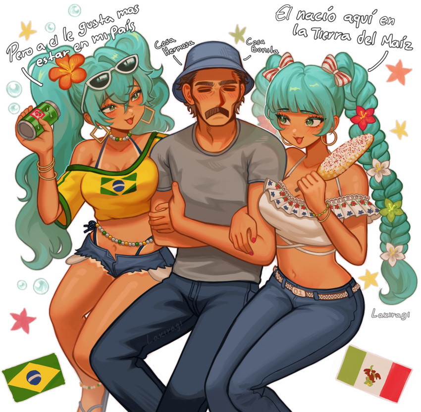 1boy 2girls aqua_eyes aqua_hair arm_grab artist_request blush brazilian_miku breast_press breasts can closed_eyes corn crossover dark-skinned_female dark_skin denim don_ramon drink_can el_chavo_(series) el_chavo_del_8 elote_(food) facial_hair flip-flops hat hatsune_miku highres jeans large_breasts lipstick long_hair makeup mexican_(nationality) moustache multiple_girls navel older_man_and_younger_girl pants sandals shirt short_shorts shorts soda_can spanish_text sunglasses t-shirt tan tanline twintails vocaloid