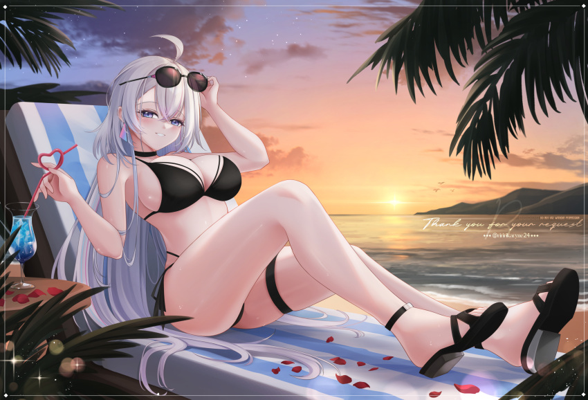 ahoge beach beach_chair bikini bird black_bikini black_choker black_footwear breasts choker cloud cocktail crazy_straw drinking_straw dusk earrings ember_amane eyewear_on_head female grey_hair heart_straw highres jewelry large_breasts long_hair ocean palm_leaf phase_connect red_petals rika_ryne side-tie_bikini_bottom solo sunglasses swimsuit thigh_strap twitter_username virtual_youtuber