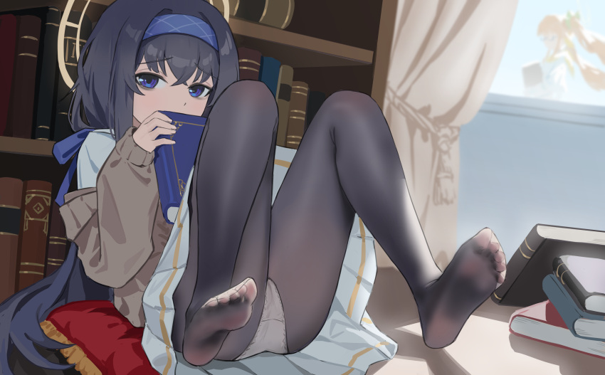 2girls absurdres black_hair black_pantyhose blue_archive blue_eyes blue_hairband book bookshelf commentary_request feet foot_focus foreshortening hairband halo highres holding holding_book indoors long_hair multiple_girls no_shoes panties pantyhose pleated_skirt presenting_foot shortofsugar sitting skirt soles solo_focus toes ui_(blue_archive) underwear white_panties white_skirt