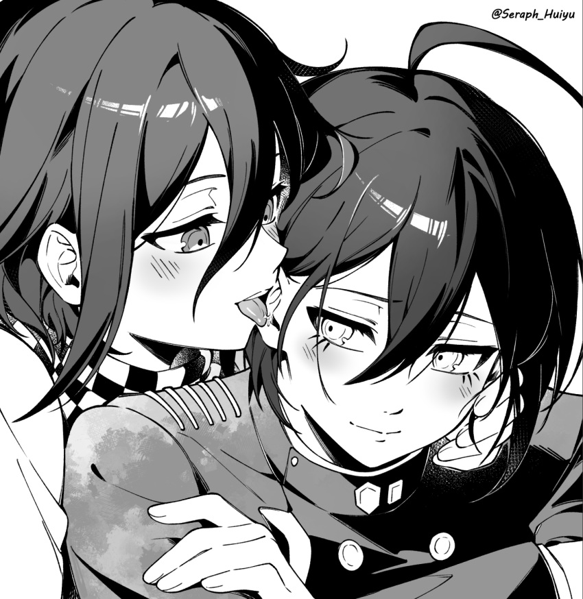 2boys ahoge artist_name blush buttons checkered_neckerchief crossed_arms danganronpa_(series) danganronpa_v3:_killing_harmony double-breasted ewa_(seraphhuiyu) hair_between_eyes highres jacket licking licking_ear long_sleeves male_focus multiple_boys neckerchief oma_kokichi portrait saihara_shuichi teeth tongue tongue_out yaoi