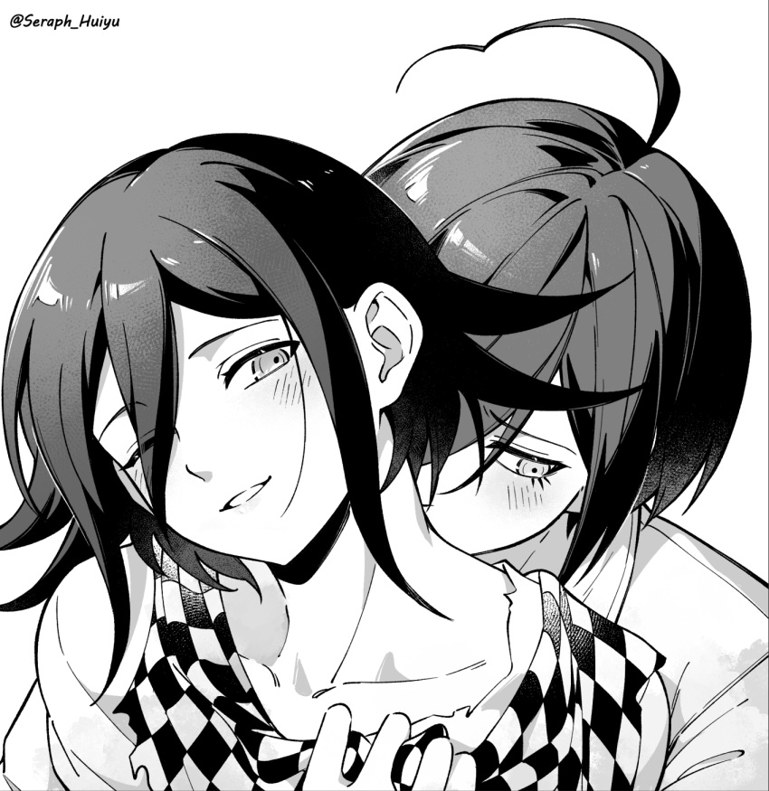 2boys ;d ahoge blush checkered_neckerchief danganronpa_(series) danganronpa_v3:_killing_harmony ewa_(seraphhuiyu) flipped_hair hand_up highres kissing kissing_neck male_focus multiple_boys neckerchief oma_kokichi one_eye_closed portrait saihara_shuichi sideways_glance smile teeth yaoi