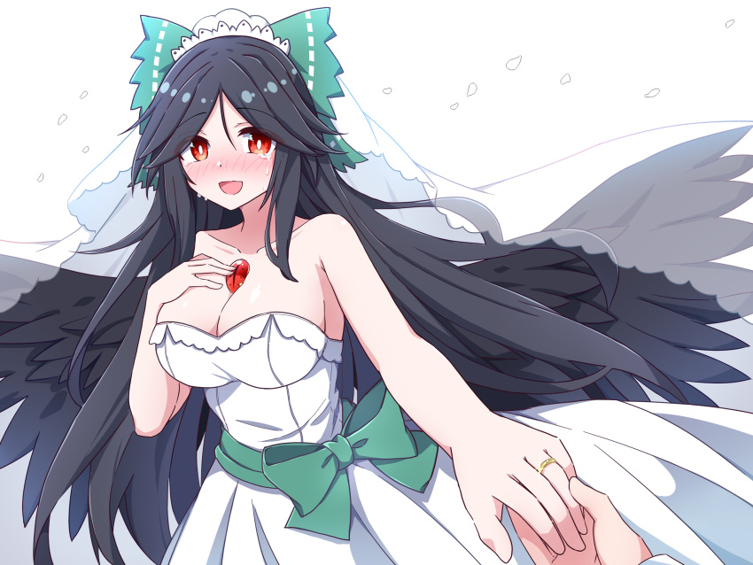 1other alternate_costume bird_wings black_hair black_wings blush bow breasts bridal_veil cleavage collarbone commentary_request commission dress feathered_wings female green_bow hairbow happy_tears highres hiro_(pqtks113) holding_hands jewelry long_hair looking_at_viewer open_mouth red_eyes reiuji_utsuho ring skeb_commission smile strapless strapless_dress tears third_eye third_eye_on_chest touhou veil very_long_hair white_dress wings