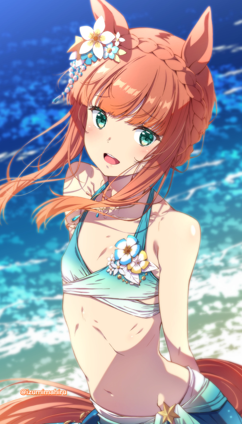 arms_behind_back bikini blush braid commentary_request female flat_chest flower green_eyes hair_flower hair_ornament highres horse_girl izumi_mahiru long_hair looking_at_viewer navel ocean open_mouth orange_hair outdoors ribs silence_suzuka_(emerald_on_the_waves)_(umamusume) silence_suzuka_(umamusume) smile solo swimsuit umamusume water