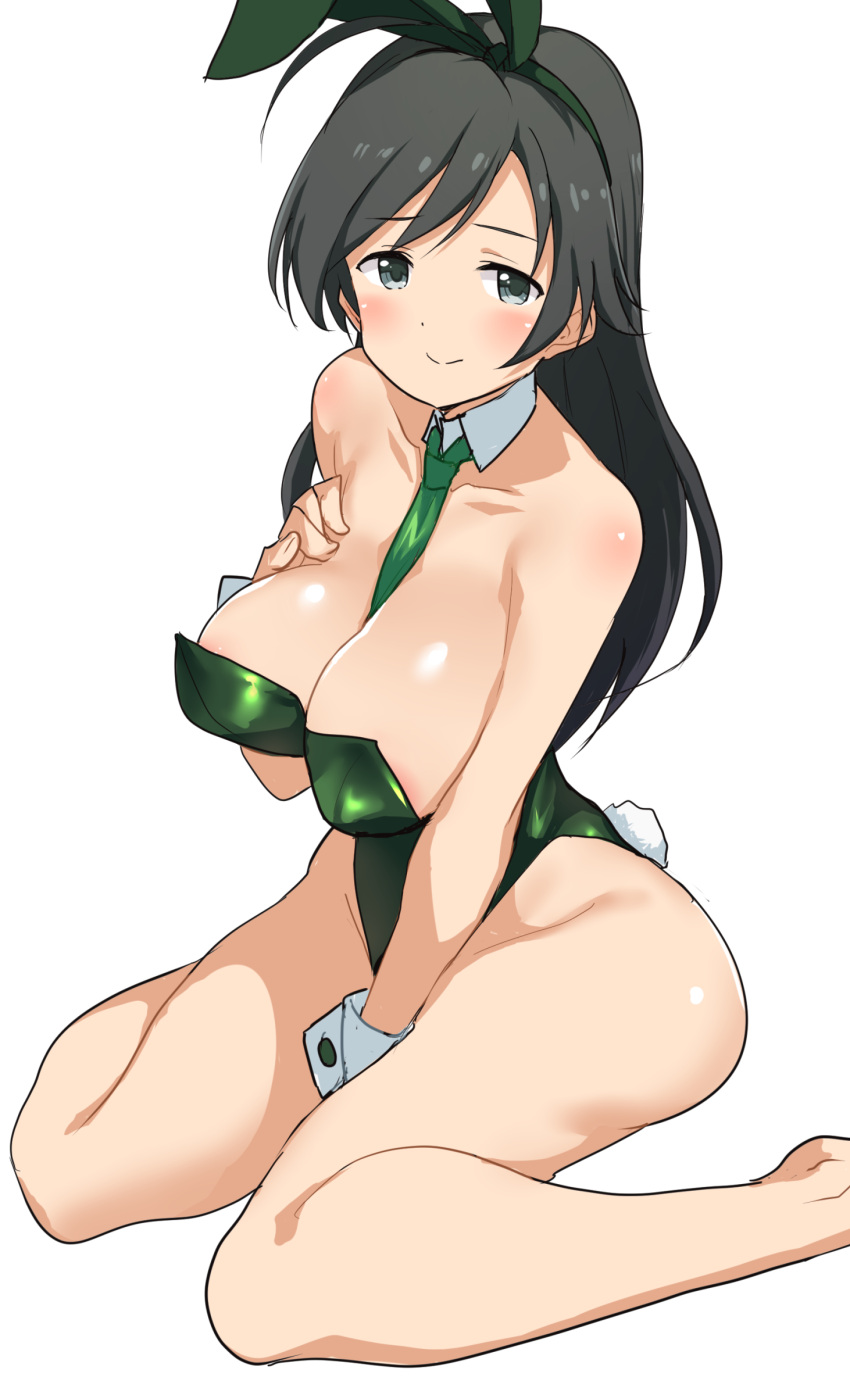 absurdres ahoge alternate_costume animal_ears bare_legs barefoot between_breasts between_legs black_eyes black_hair blush breasts buta-don closed_mouth collar commentary detached_collar fake_animal_ears fake_tail female girls_und_panzer green_leotard green_necktie hand_between_legs hand_on_own_chest high_heels highres isuzu_hana large_breasts leotard long_hair looking_at_viewer necktie playboy_bunny rabbit_ears rabbit_tail sitting smile solo strapless strapless_leotard tail wariza white_collar wing_collar wrist_cuffs