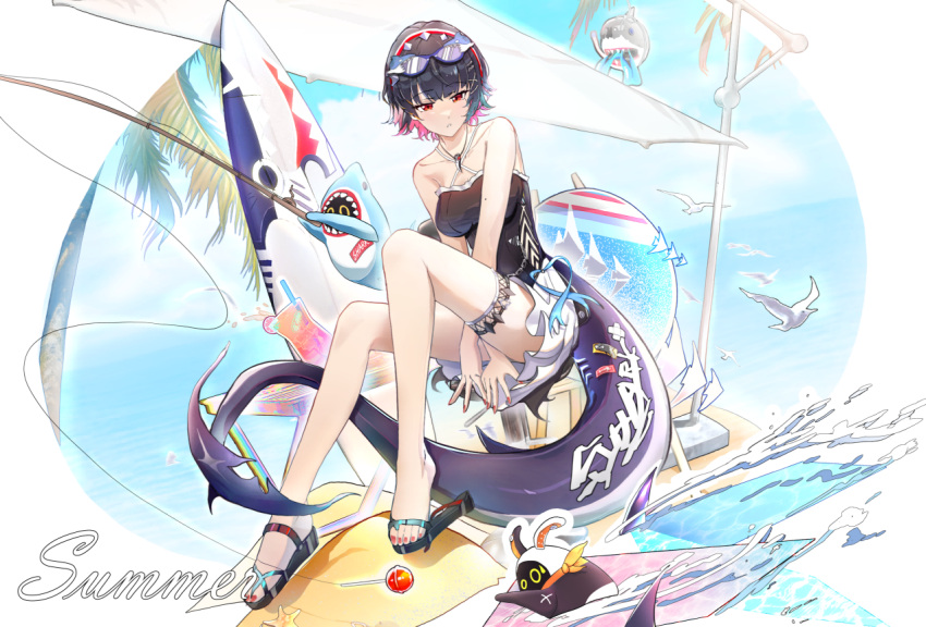 bare_arms black_hair breasts ellen_joe eous_(zenless_zone_zero) eyewear_on_head female fingernails fishing_rod full_body hair_ornament hairclip large_breasts nail_polish outdoors parted_lips red_eyes red_hair red_nails shark_girl sharkboo_(zenless_zone_zero) short_hair sitting solo sunglasses surfboard swimsuit toenail_polish toenails tree wangzili_shitoumen water zenless_zone_zero