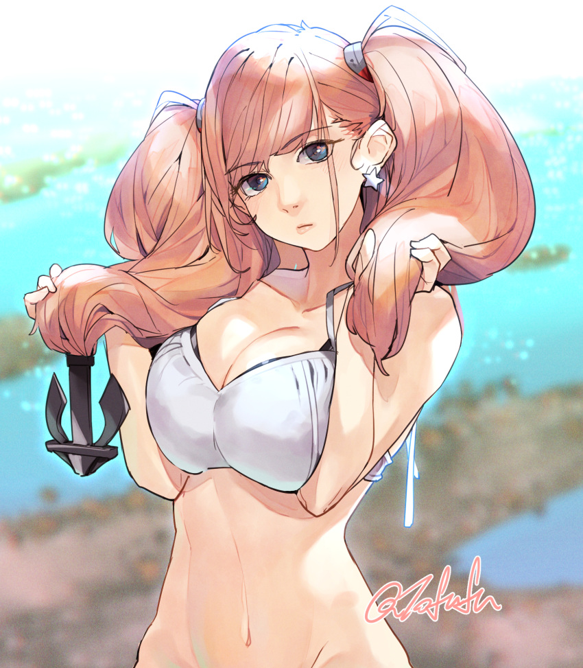 anchor_hair_ornament atlanta_(kancolle) atlanta_(swimsuit_mode)_(kancolle) bikini breasts brown_hair earrings female fuwafuwatoufu grey_bikini grey_eyes hair_ornament highres holding holding_own_hair jewelry kantai_collection large_breasts layered_bikini long_hair navel official_alternate_costume signature single_earring solo star_(symbol) star_earrings swimsuit two_side_up upper_body