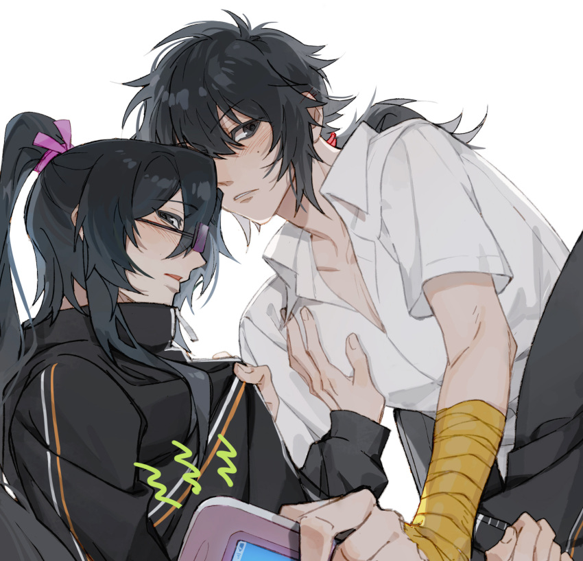 2boys black_eyes black_hair black_jacket blush bo_li_wei_shubing cellphone chinese_commentary clothes_grab collared_shirt commentary_request hand_on_another's_cheek hand_on_another's_face highres holding holding_phone huai_yunqing jacket long_hair long_sleeves male_focus mole mole_under_eye multiple_boys open_collar open_mouth phone ponytail shirt short_sleeves simple_background touqi_guaitan white_background white_shirt yaoi ziche_fuzhao