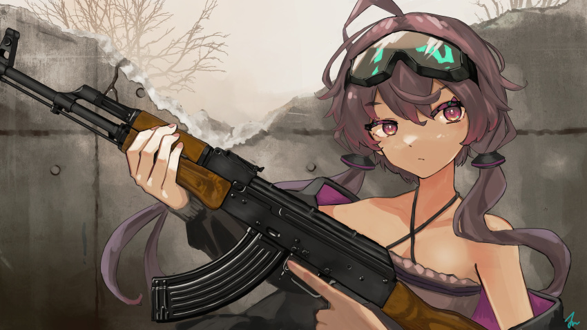 :/ absurdres akm assault_rifle bare_shoulders bare_tree black_dress black_jacket broken_wall cleaning_rod closed_mouth commentary day dress female fingernails goggles goggles_on_head grey_sky gun hair_between_eyes highres holding holding_gun holding_weapon jacket jun_(jun0000000000) kalashnikov_rifle long_hair long_sleeves looking_to_the_side outdoors purple_eyes purple_hair purple_nails rifle sky solo tree trigger_discipline upper_body vocaloid voiceroid weapon yuzuki_yukari