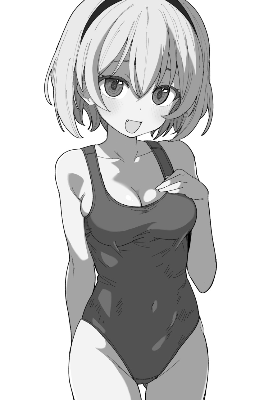 :d ass_visible_through_thighs bare_arms bare_shoulders blush breasts cleavage collarbone covered_navel cowboy_shot female greyscale groin hair_between_eyes hairband henyaan_(oreizm) highleg highres looking_at_viewer medium_breasts monochrome one-piece_swimsuit open_mouth short_hair simple_background small_breasts smile solo standing swimsuit thigh_gap white_background