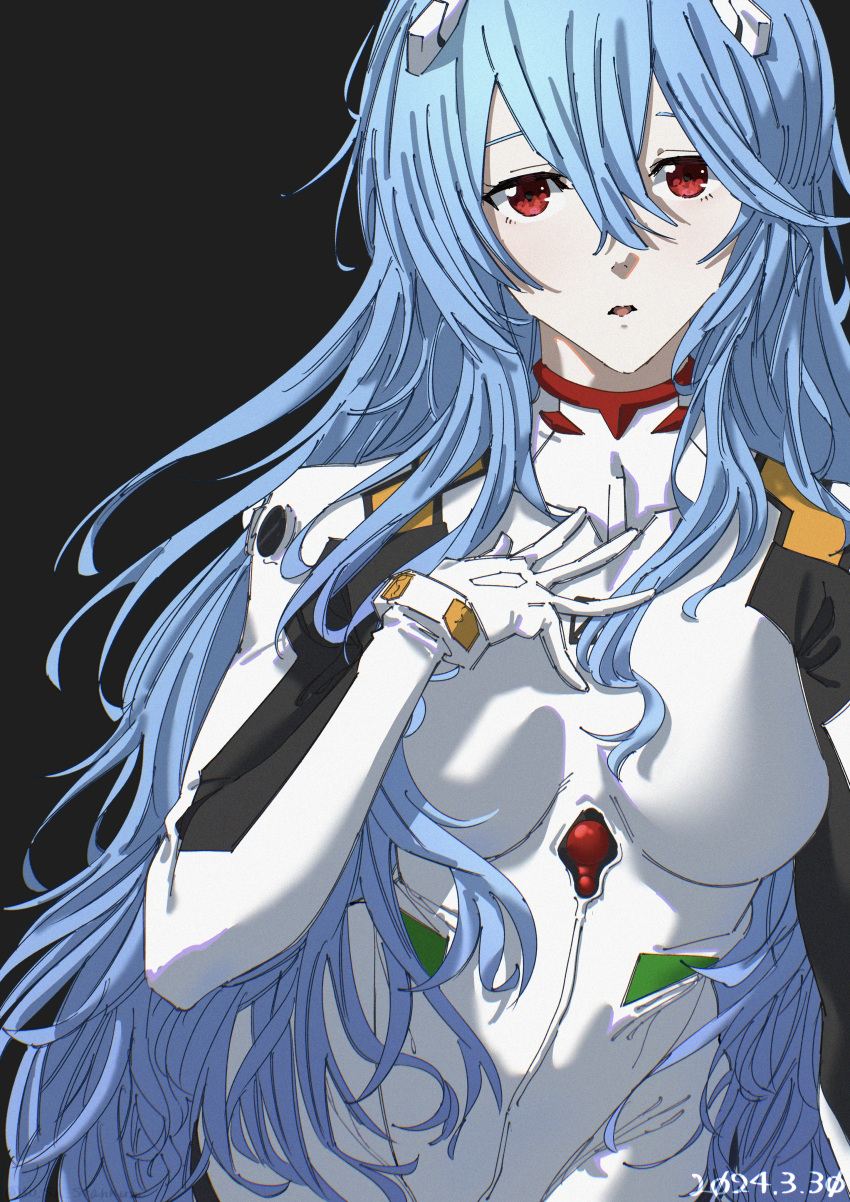 50_sn_stannum absurdres ayanami_rei black_background blue_hair bodysuit breasts dated evangelion:_3.0+1.0_thrice_upon_a_time female gloves hair_between_eyes hand_on_own_chest highres interface_headset long_hair looking_at_viewer medium_breasts neon_genesis_evangelion official_alternate_hair_length official_alternate_hairstyle parted_lips plugsuit rebuild_of_evangelion red_eyes simple_background solo upper_body very_long_hair white_bodysuit