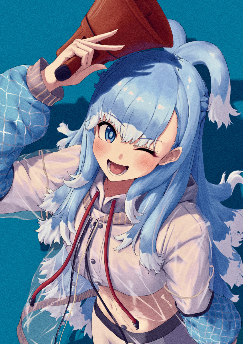 absurdres arm_up blue_background blue_eyes blue_hair blush colored_tips commentary cropped_hoodie eyelashes female from_above happy highres holding holding_megaphone hololive hololive_indonesia hood hoodie jacket kobo_kanaeru kobo_kanaeru_(1st_costume) liquid_hair long_hair long_sleeves looking_at_viewer lower_teeth_only megaphone multicolored_hair navel one_eye_closed open_mouth raincoat see-through see-through_jacket shadow smile solo split_ponytail teeth two-tone_hair upper_body virtual_youtuber white_hair white_hoodie yayoi_(touya)