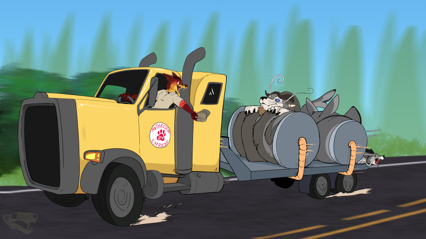 2024 absurd_res amara_excavar aviatingwolf blue_eyes clothing dragon driving eastern_dragon enfield female fur grey_body grey_fur hi_res highway huge_filesize male mythological_creature mythological_scalie mythology orange_body orange_fur red_body red_fur scalie seda shirt topwear truck_(vehicle) truck_bed trucker trucker_hat vehicle wicked_whiskers yellow_body yellow_fur zgf_art