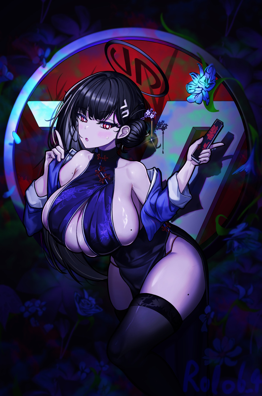 absurdres bare_shoulders black_hair black_panties black_thighhighs blue_archive blush breasts china cleavage female hair_ornament hairclip halo hand_fan highres holding holding_fan large_breasts mole off_shoulder open_mouth panties red_eyes ringed_eyes rio_(blue_archive) rolo6_4 solo sweatdrop thighhighs underwear