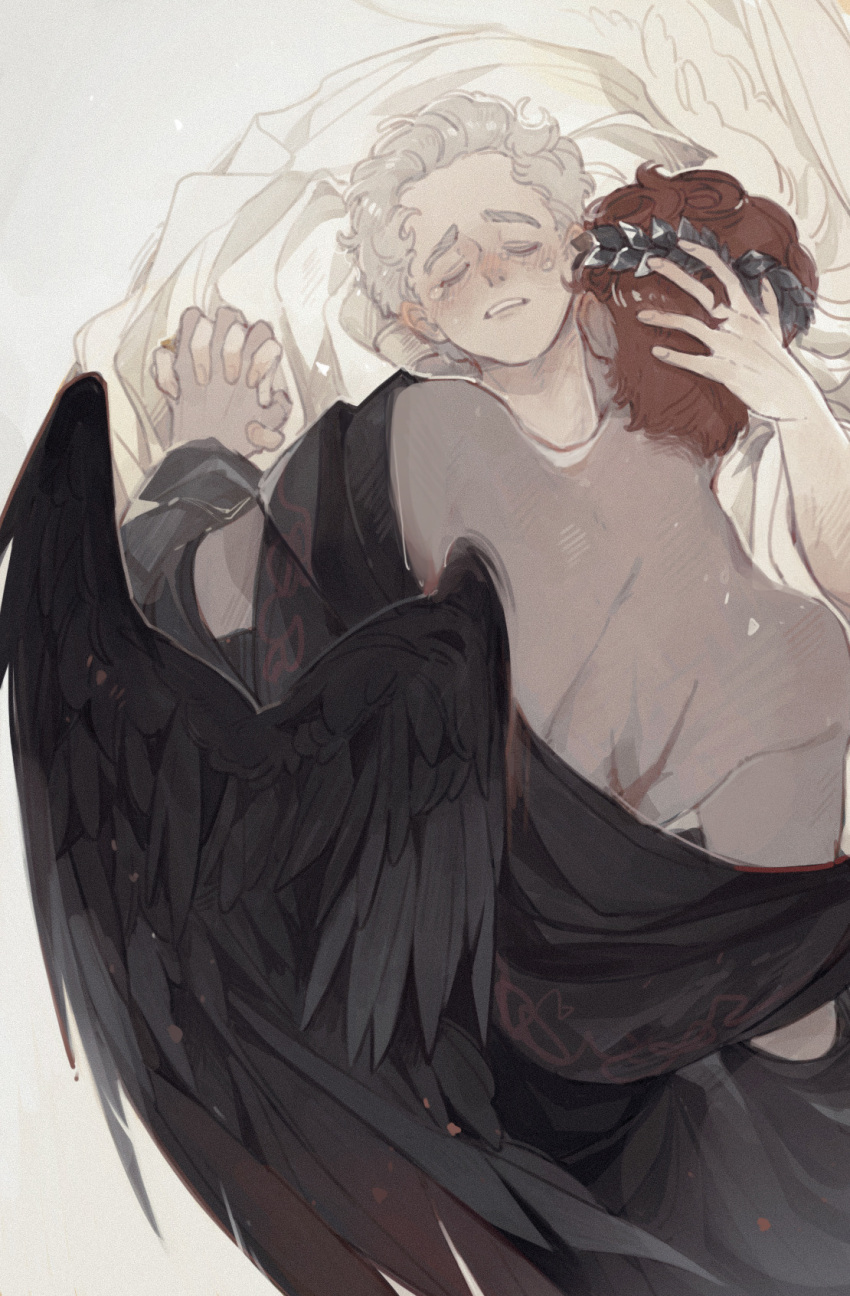 2boys angel aziraphale_(good_omens) black_robe blue_eyes crowley_(good_omens) demon_boy good_omens highres luminous_slime male_focus multiple_boys red_hair robe white_hair white_robe