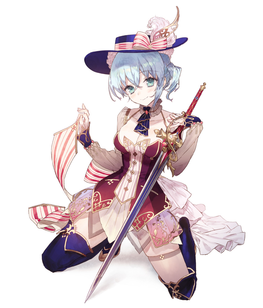 absurdres atelier_(series) back_bow blue_eyes blue_hat blue_thighhighs bow breasts choker cleavage closed_mouth detached_sleeves female full_body grey_hair hat hat_bow highres kneeling looking_at_viewer medium_breasts nelke_to_densetsu_no_renkinjutsushi_tachi nelke_von_luchetam noco_(adamas) official_art short_hair side_ponytail skirt smile solo striped_bow sword thighhighs weapon white_skirt white_sleeves zettai_ryouiki