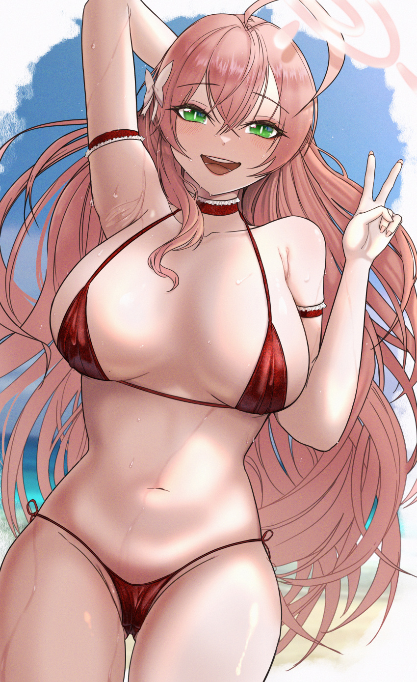 :d absurdres alternate_costume arm_behind_head bikini blue_archive blush breasts commentary female ffang_tb green_eyes halo hanako_(blue_archive) hanako_(swimsuit)_(blue_archive) highres large_breasts long_hair looking_at_viewer micro_bikini navel official_alternate_costume open_mouth pink_hair pink_halo red_bikini sideboob smile solo stomach swimsuit teeth v