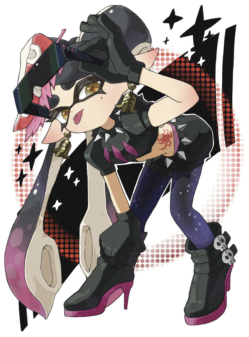 :p black_choker black_footwear black_gloves black_hair black_shirt black_shorts boots bow-shaped_hair callie_(splatoon) choker commentary_request crop_top earrings female food food-themed_earrings food-themed_hair_ornament food_art full_body gloves gradient_hair hair_ornament hand_on_own_leg high_heel_boots high_heels highres holding holding_removed_eyewear inkling jewelry long_hair midriff mole mole_under_eye multicolored_hair navel octopus_tattoo official_alternate_costume panties panty_straps pantyhose pantyhose_under_shorts pink_hair pink_panties pointy_ears puffy_short_sleeves puffy_sleeves purple_pantyhose shirt short_sleeves shorts solo spiked_choker spikes splatoon_(series) splatoon_2 star-shaped_pupils star_(symbol) stomach_tattoo suction_cups sunglasses symbol-shaped_pupils tako-san_wiener tattoo tentacle_hair thick_eyebrows tongue tongue_out twintails two-tone_hair underwear unworn_eyewear yattpki3wfyvsm5 yellow_eyes