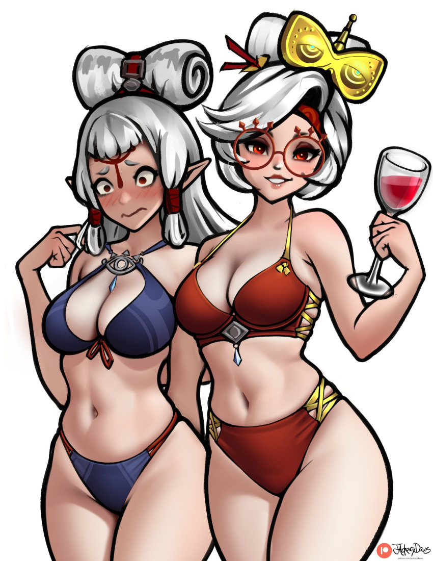 2girls bare_shoulders bikini blue_bikini blush breasts cleavage cup drinking_glass embarrassed glasses hair_ornament highres image_sample jackary large_breasts long_hair midriff multiple_girls navel paya_(zelda) pointy_ears purah red_bikini red_eyes seductive_smile sheikah short_hair smile swimsuit the_legend_of_zelda the_legend_of_zelda:_tears_of_the_kingdom thighs twitter_sample white_background white_hair wine_glass