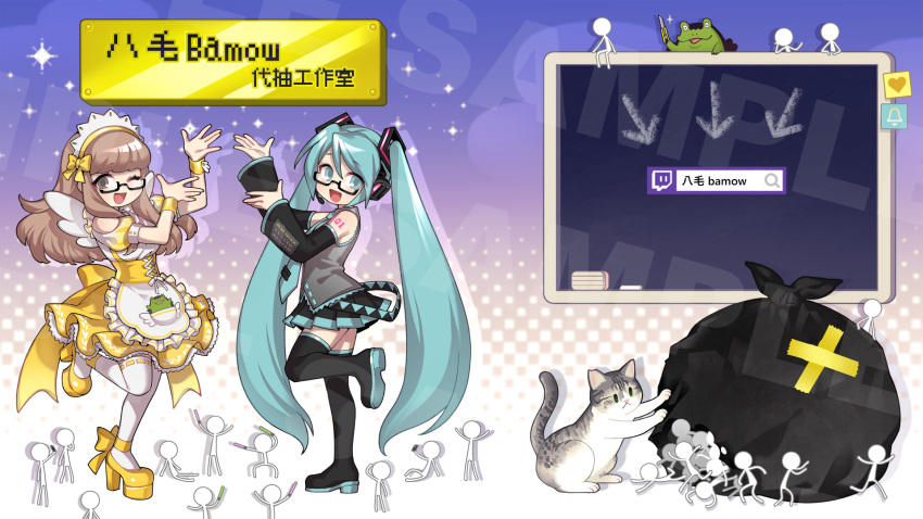 :d animal ankle_ribbon apron arm_tattoo arm_up armband arrow_(symbol) bell black_footwear black_skirt black_sleeves black_thighhighs blue_hair blue_necktie blue_skirt board_eraser boots breasts brown_hair chalk chalkboard character_name character_request chinese_commentary closed_mouth commentary_request corset detached_sleeves dress fake_wings feline fishine frilled_apron frilled_dress frills frog from_side glasses glowstick grey_shirt hair_ornament hair_ribbon halftone halftone_background hand_up hatsune_miku heart high_heels highres leg_ribbon long_hair long_sidelocks looking_at_viewer looking_to_the_side maid maid_apron maid_headdress medium_bangs miniskirt multicolored_background multicolored_clothes multicolored_skirt necktie one_eye_closed original platform_footwear platform_heels puffy_sleeves purple_background razor_blade ribbon sample_watermark shirt short_dress short_sleeves skirt small_breasts smile sparkle standing standing_on_one_leg stick_figure tattoo thigh_boots thighhighs trash_bag twintails twitch_logo twitch_username very_long_hair vocaloid watermark white_background white_thighhighs wide_shot wings yellow_armband yellow_background yellow_corset yellow_dress yellow_footwear yellow_ribbon