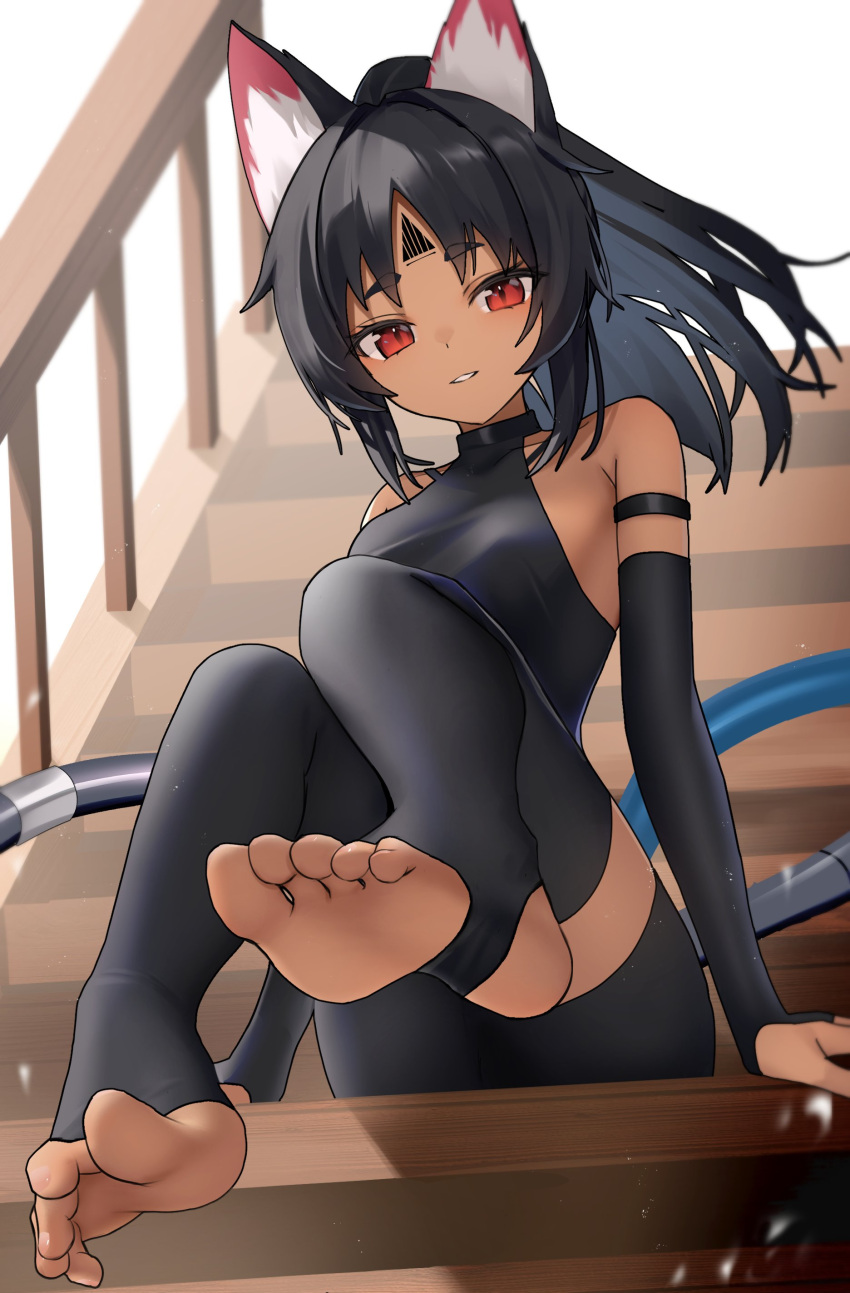 absurdres animal_ears bare_shoulders black_hair cat_ears feet female forehead_tattoo highres long_hair looking_at_viewer nekomiya_mana ponytail red_eyes sitting soles solo stairs stirrup_legwear thomas_8000 toeless_legwear toes zenless_zone_zero