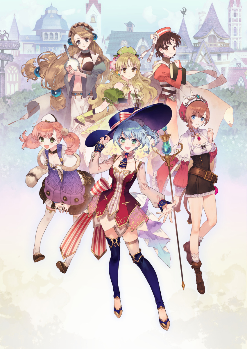 6+girls ascot atelier_(series) atelier_ayesha atelier_elie atelier_escha_&_logy atelier_marie atelier_rorona ayesha_altugle bare_shoulders blonde_hair blue_ascot blue_eyes blue_hair blue_hat blue_sky blush book bow bracelet breasts brown_eyes brown_hair building cape capelet choker cleavage dress earrings elfir_traum escha_malier flower full_body green_eyes hair_between_eyes hair_flower hair_ornament hand_up hat hat_bow highres holding holding_book holding_staff jewelry long_hair long_sleeves looking_at_viewer low-tied_long_hair marie_(atelier) medium_breasts multiple_girls navel nelke_to_densetsu_no_renkinjutsushi_tachi nelke_von_luchetam noco_(adamas) off-shoulder_dress off_shoulder official_art open_mouth orange_dress orange_hat parted_bangs pink_hair pink_hat rorolina_frixell short_hair side_ponytail sky smile staff standing striped_bow tail twintails wrist_cuffs