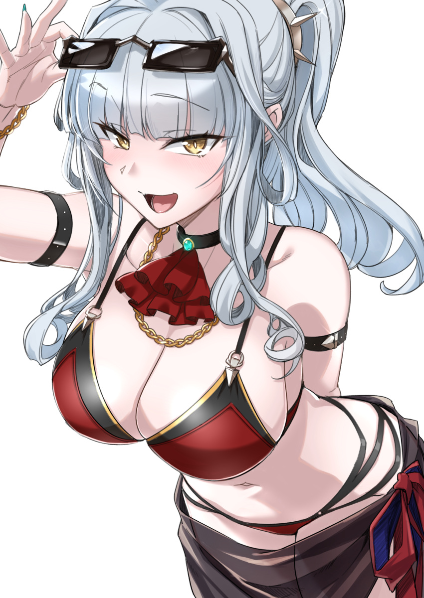 adjusting_eyewear ascot bare_shoulders bikini black_choker blush breasts brooch carmilla_(fate) carmilla_(summertime_mistress)_(fate) chain_necklace chains choker cleavage eyewear_on_head fate/grand_order fate_(series) female fue_(rhomphair) grey_hair highres jewelry large_breasts long_hair looking_at_viewer navel necklace open_mouth ponytail red_bikini sarong sideboob sidelocks smile solo stomach swimsuit yellow_eyes