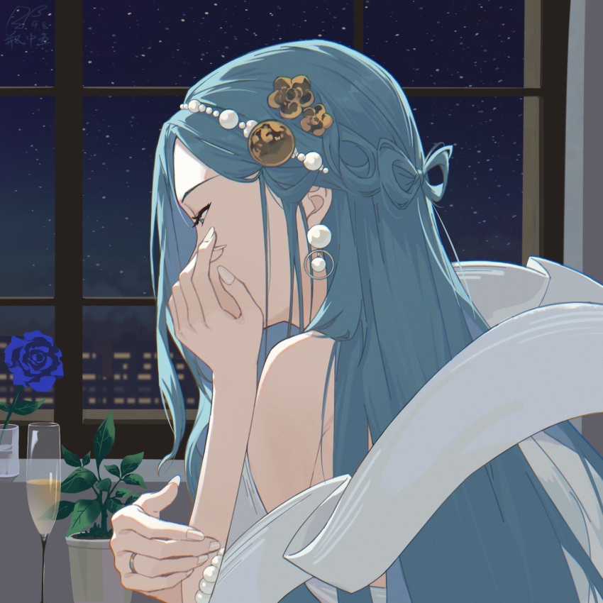 azur_lane bare_shoulders blue_flower blue_hair blue_rose champagne_(adulation_eternal)_(azur_lane) champagne_(azur_lane) champagne_flute cup dress drinking_glass earrings evening_gown female flower halter_dress halterneck highres indoors jewelry long_hair night night_sky official_alternate_costume pearl_earrings pearl_hair_ornament ping_zhong_yu plant potted_plant ring rose sky solo star_(sky) starry_sky very_long_hair wedding_ring white_dress