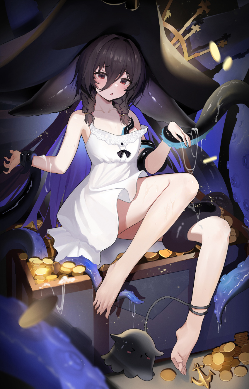 absurdres anchor arm_grab azur_lane bare_legs bare_shoulders barefoot black_hair blush braid breasts brown_hair coin dress fangfangtu female full_body gold_coin hair_between_eyes half-closed_eyes hands_up hat highres leg_grab leg_up long_hair looking_at_viewer multicolored_hair open_mouth pirate_hat purple_hair red_eyes restrained sitting sitting_on_chest small_breasts solo strap_slip tearing_up tentacle tentacle_grab tentacles_under_clothes treasure treasure_chest twin_braids two-tone_hair upskirt very_long_hair white_dress whydah_(azur_lane)