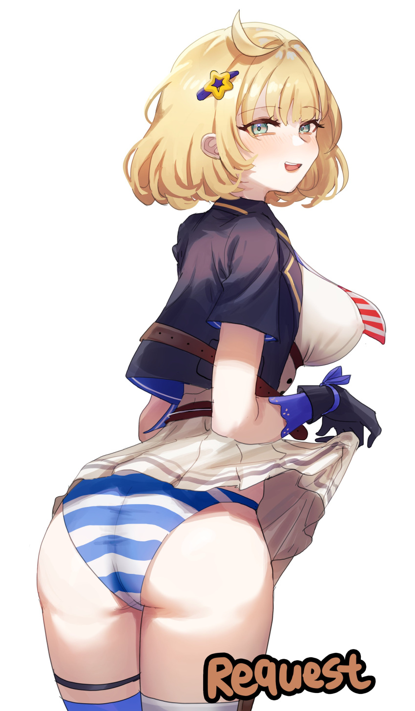 absurdres ahoge american_flag_neckwear ass asymmetrical_legwear blonde_hair breasts clothes_lift cowboy_shot female from_behind girls'_frontline gloves hair_ornament hairpin highres jacket large_breasts looking_at_viewer m1911_(girls'_frontline) m1911_(mod3)_(girls'_frontline) open_mouth panties pleated_skirt ribu_(rv) sideboob skirt skirt_lift solo striped_clothes striped_panties thigh_strap thighhighs underwear