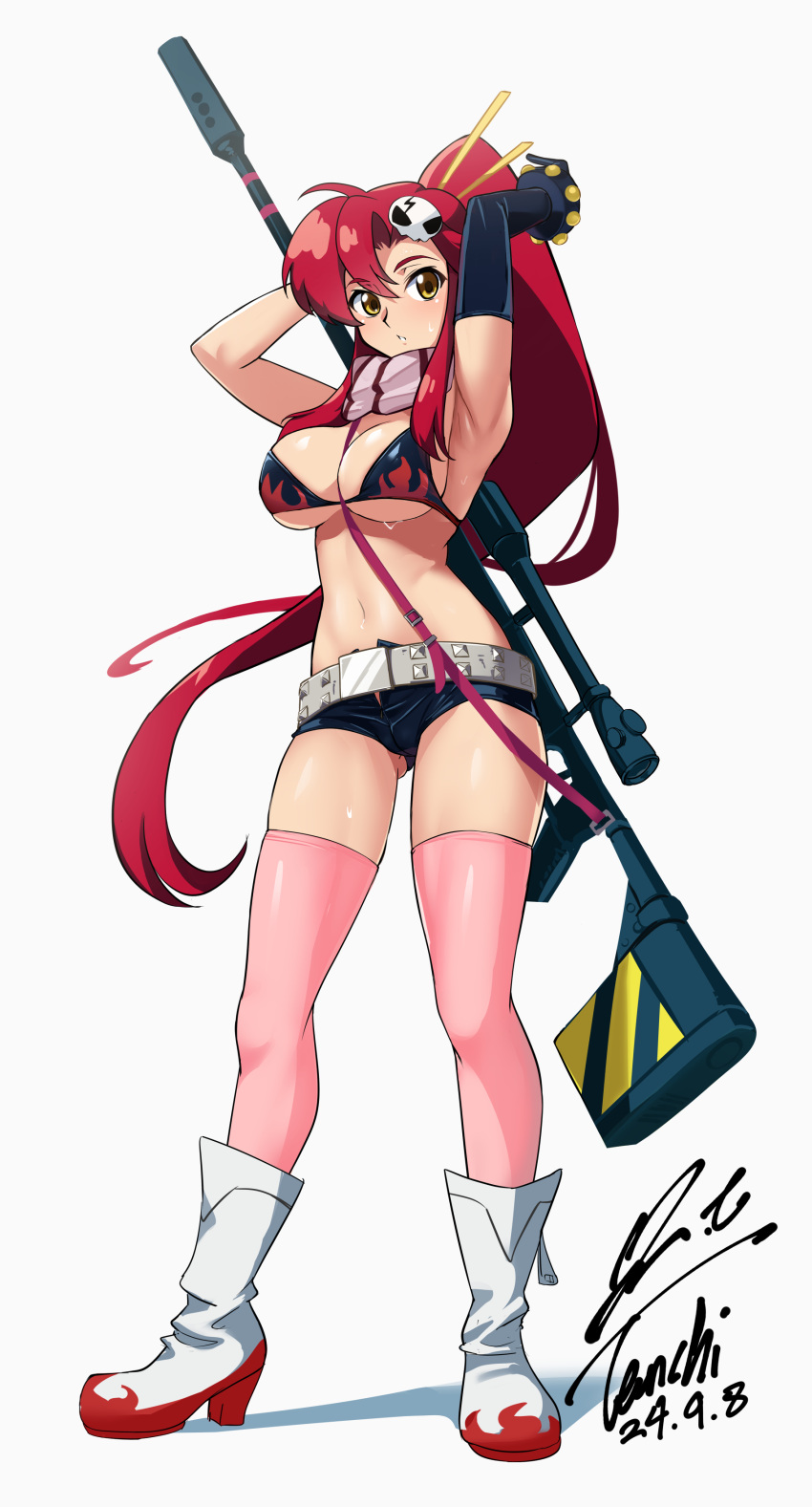 absurdres belt bikini bikini_top_only breasts cleavage female fingerless_gloves flame_print full_body gloves gun hair_ornament highres huge_breasts large_breasts long_hair navel no_shirt pink_thighhighs ponytail red_hair rifle scarf short_shorts shorts skull_hair_ornament sniper_rifle solo striped_clothes striped_scarf swimsuit tengen_toppa_gurren_lagann thighhighs weapon yellow_eyes yoko_littner yoo_tenchi